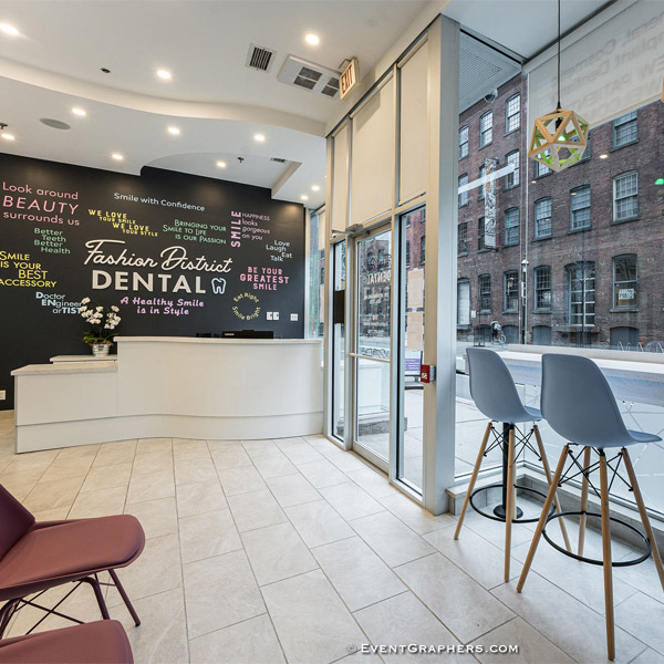 interior waiting area at Fashion District Dental in Toronto